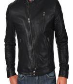 men'sblack lambskin leather motorcycle jacket- cross zip café racer style