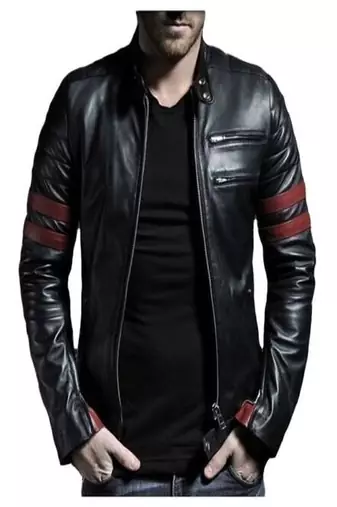 men's black lambskin leather jacket- 2  red strips  & zipp style