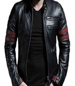 men's black lambskin leather jacket- 2  red strips  & zipp style
