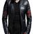 men's black lambskin leather jacket- 2  red strips  & zipp style