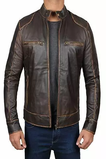 men's brown lambskin leather jacket rub off zip skin & café racer style