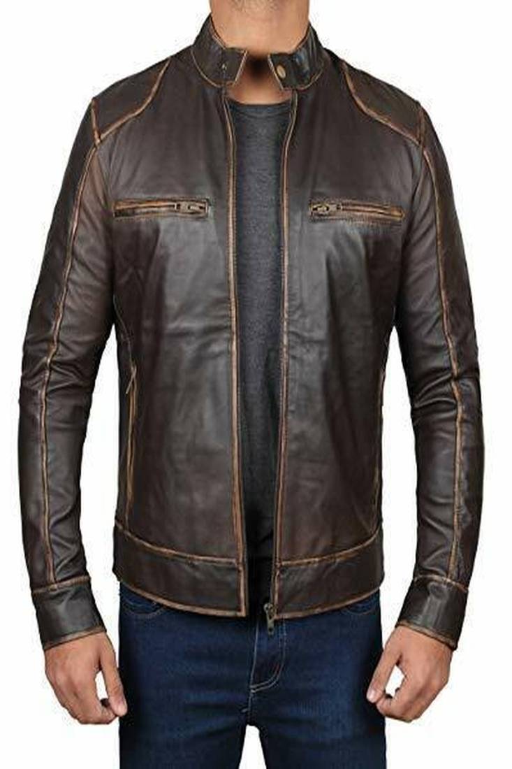 men's brown lambskin leather jacket rub off zip skin & café racer style
