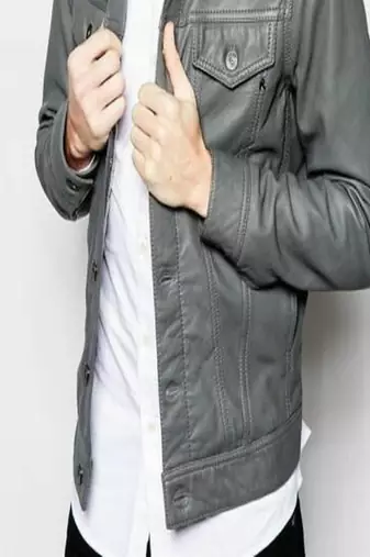 men's gray genuine lambskin leather jacket-2 pocket & button style