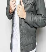 men's gray genuine lambskin leather jacket-2 pocket & button style