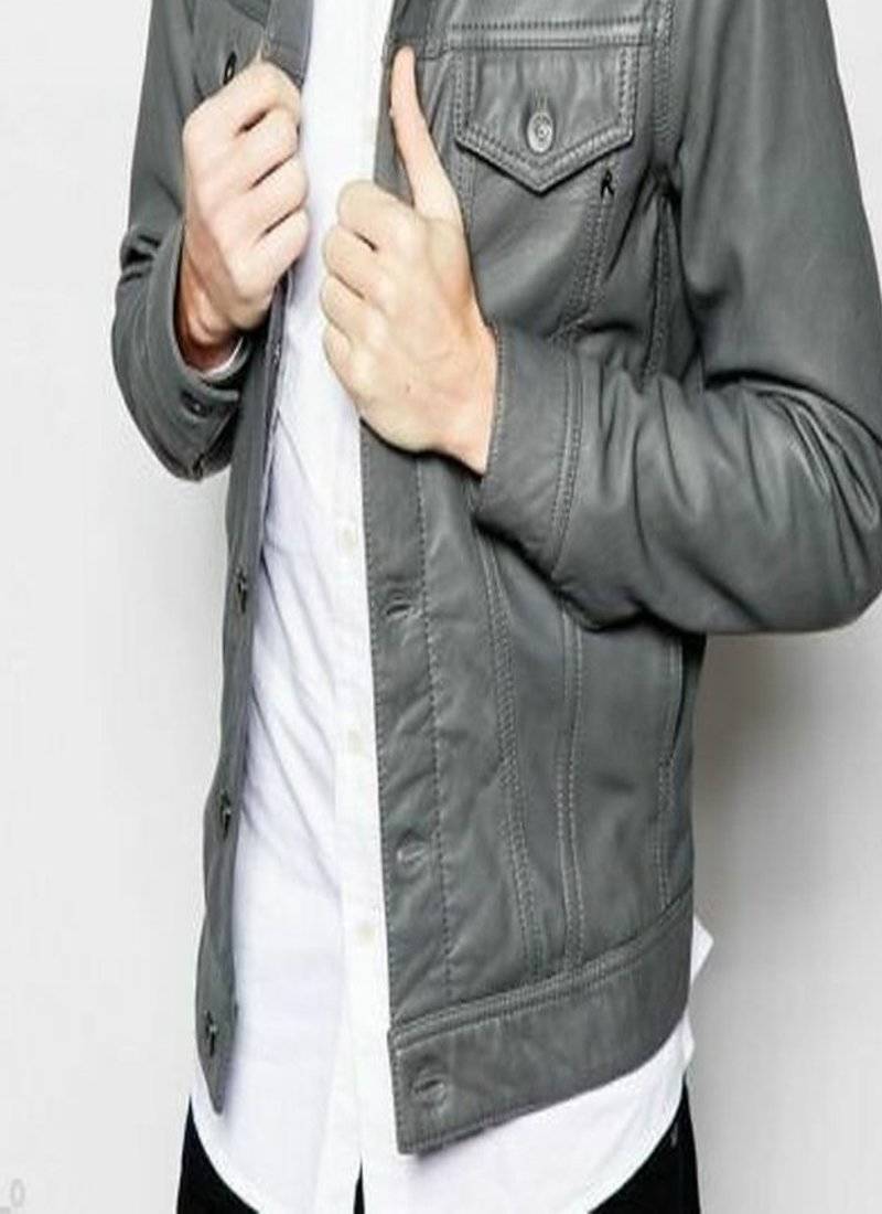 men's gray genuine lambskin leather jacket-2 pocket & button style