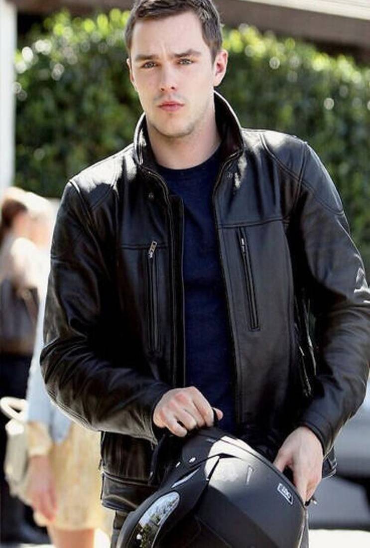 men's black genuine lambskin leather jacket-two vertical zippered chest pockets style