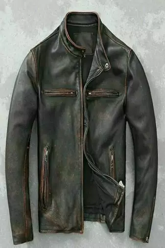 men's brown genuine lambskin leather jacket-café racer multiple zip style