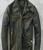 men's brown genuine lambskin leather jacket-café racer multiple zip style