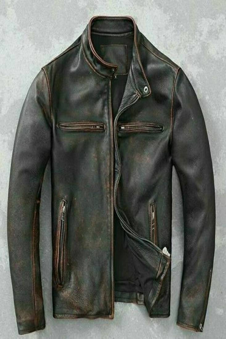 men's brown genuine lambskin leather jacket-café racer multiple zip style