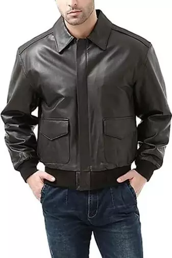 men's brown genuine lambskin leather jacket-bomber biker 2 pocket & ribb cuff style