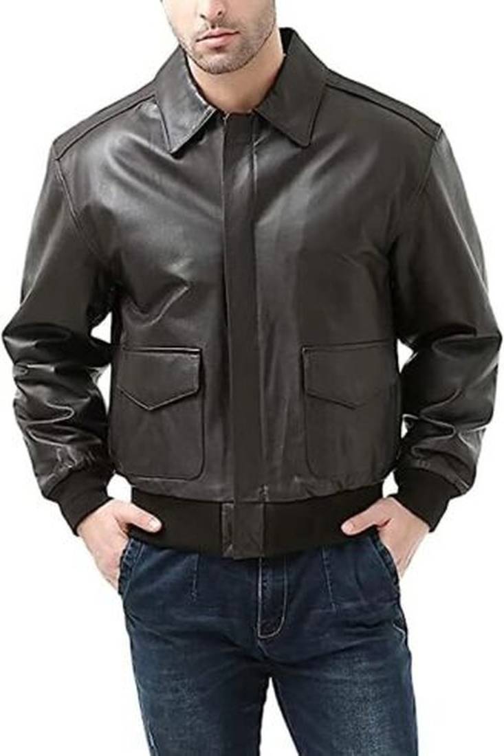 men's brown genuine lambskin leather jacket-bomber biker 2 pocket & ribb cuff style