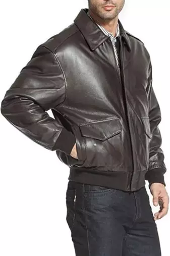 men's brown lambskin leather bomber jacket ribbed cuffs and waist modern
