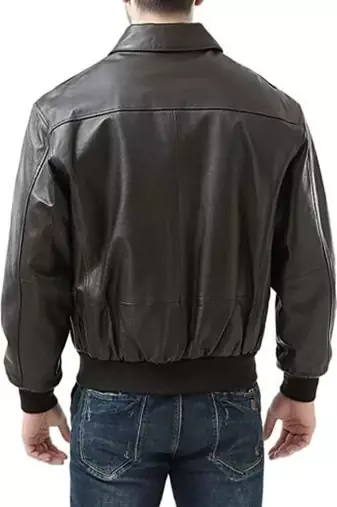 men's brown lambskin leather bomber jacket ribbed cuffs and waist modern
