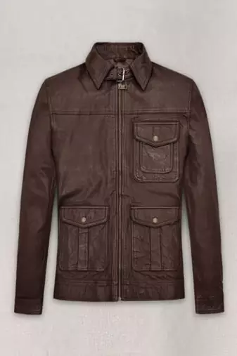 men's coffee brown genuine lambskin leather jacket waist belt & ribb cuff biker style