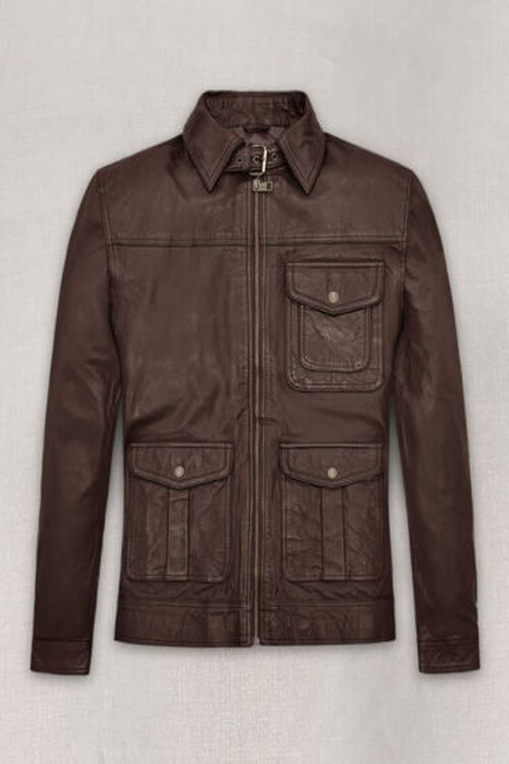 men's coffee brown genuine lambskin leather jacket waist belt & ribb cuff biker style
