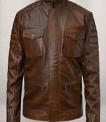 Men's brown genuine lambskin leather jacket motorcycle biker style 2 button pockets