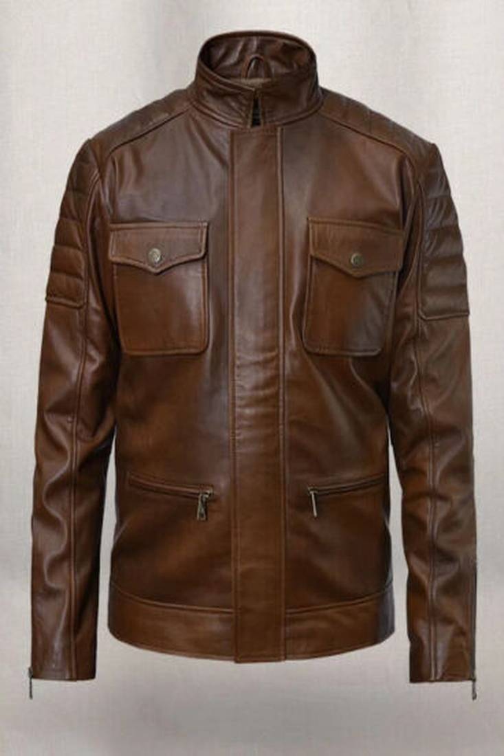 Men's brown genuine lambskin leather jacket motorcycle biker style 2 button pockets
