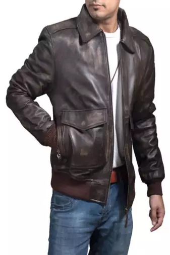 Men's brown genuine lambskin leather bomber jacket motorcycle rib cuffs waist