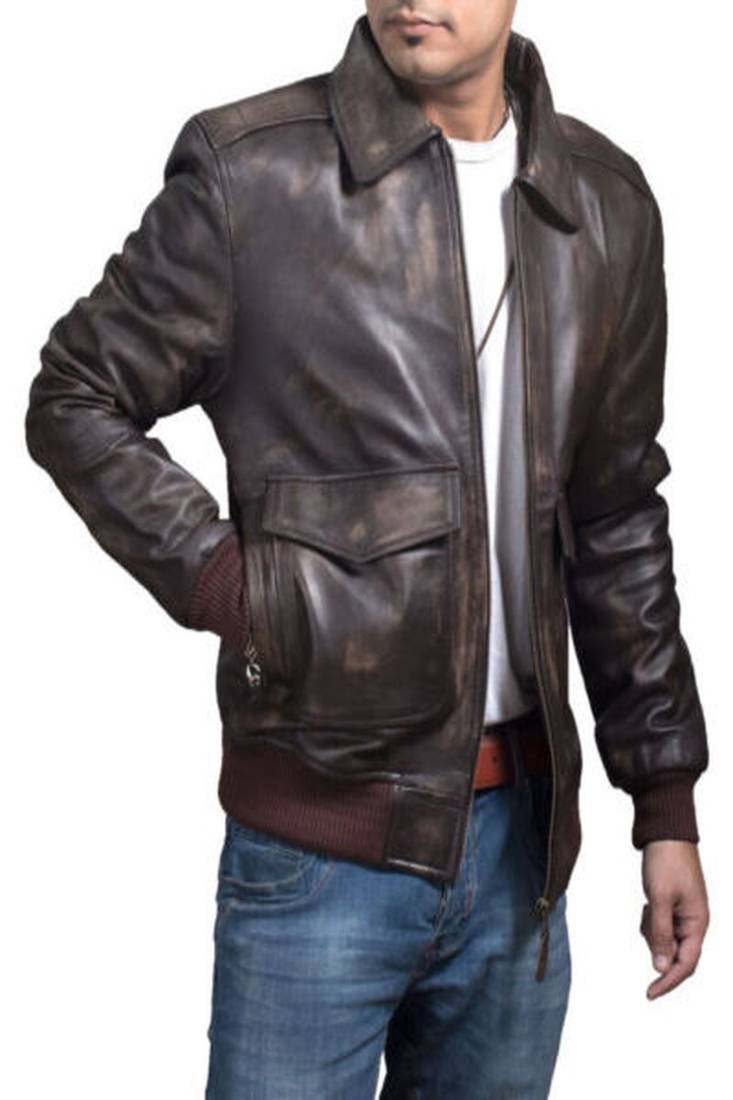 Men's brown genuine lambskin leather bomber jacket motorcycle rib cuffs waist