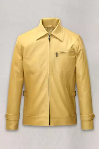 Mens yellow color design  genuine lambskin leather jacket biker zip & café racer style