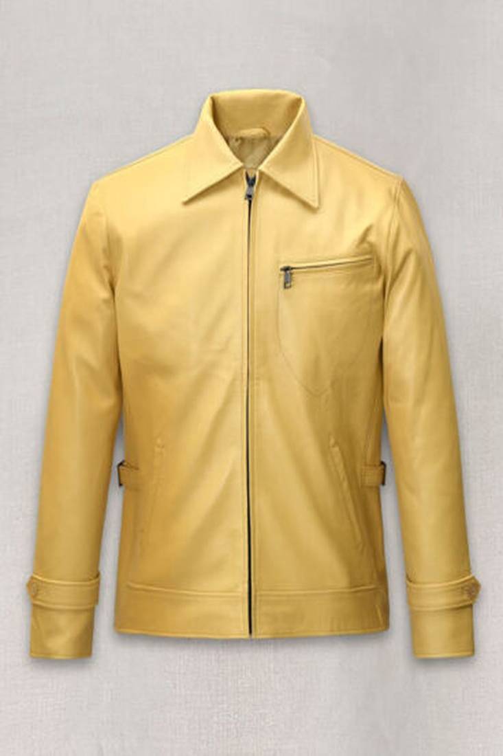 Mens yellow color design  genuine lambskin leather jacket biker zip & café racer style