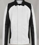 Men's white black design genuine lambskin leather jacket biker motorcycle