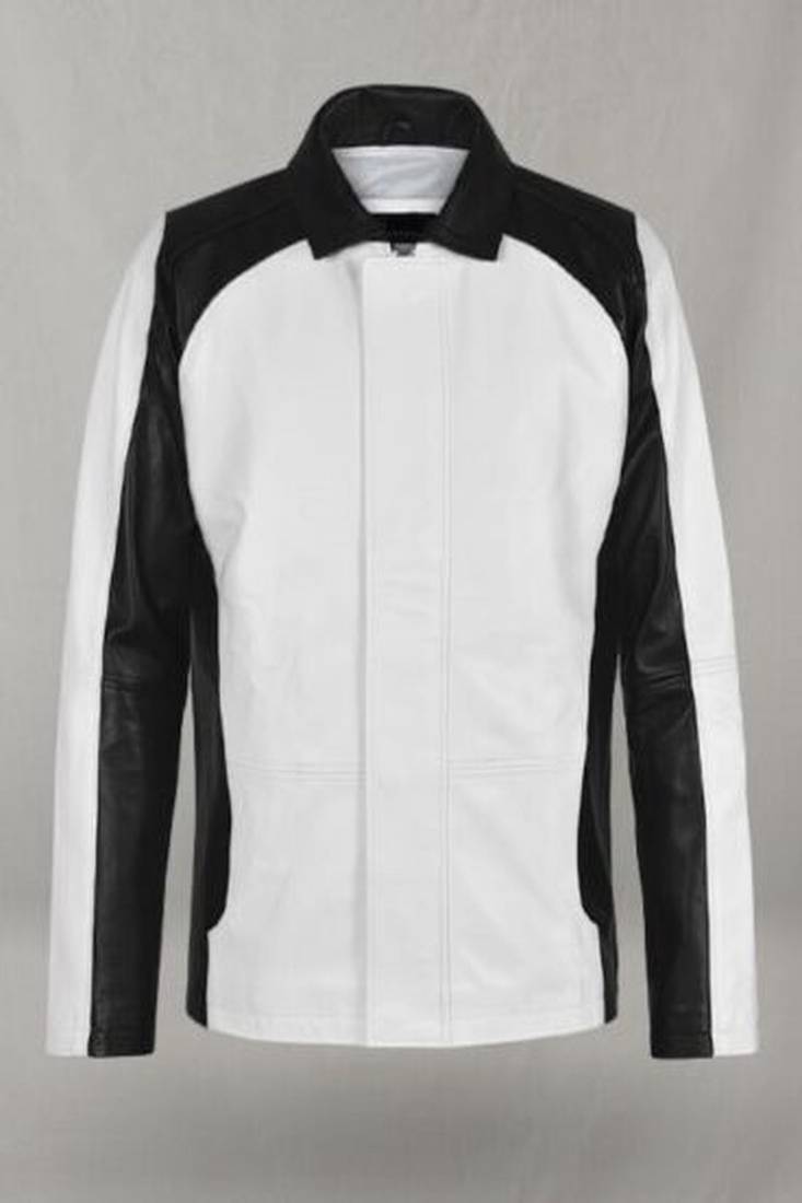 Men's white black design genuine lambskin leather jacket biker motorcycle