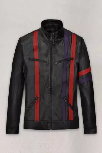 men's black - red strip genuine lambskin leather jacket 4 pocket design biker style zipper