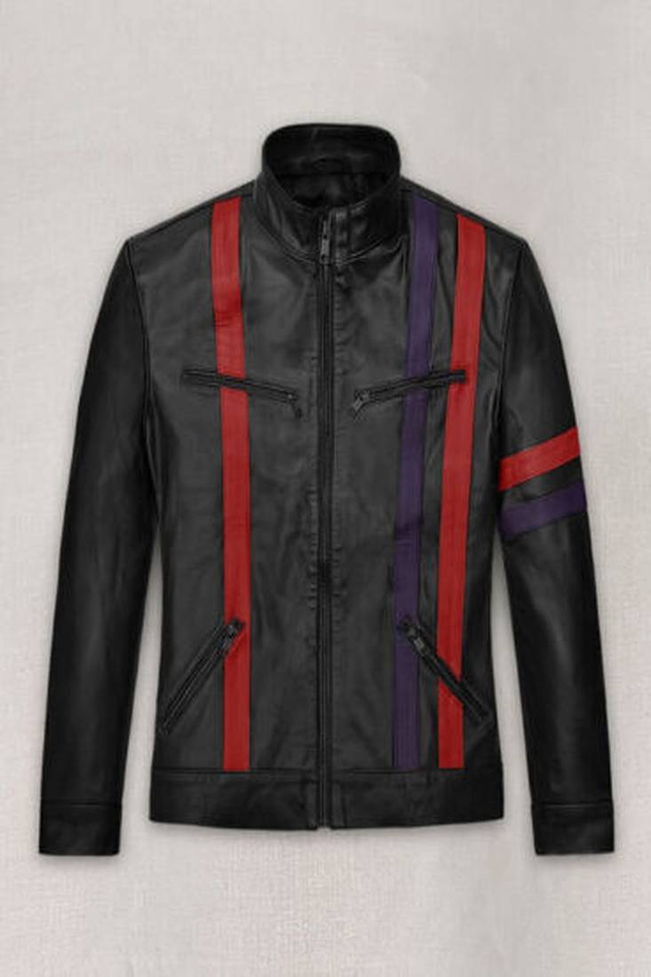 men's black - red strip genuine lambskin leather jacket 4 pocket design biker style zipper