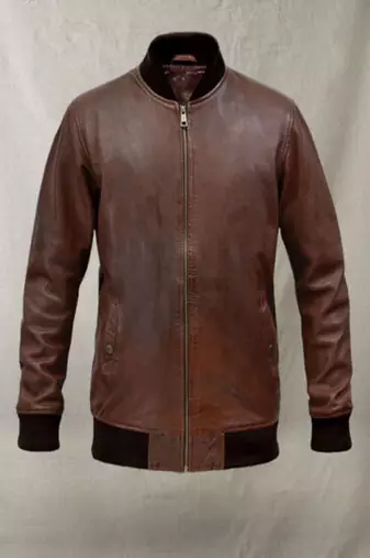 Mens brown genuine lambskin leather jacket zipper biker style round collar rib waist cuffs