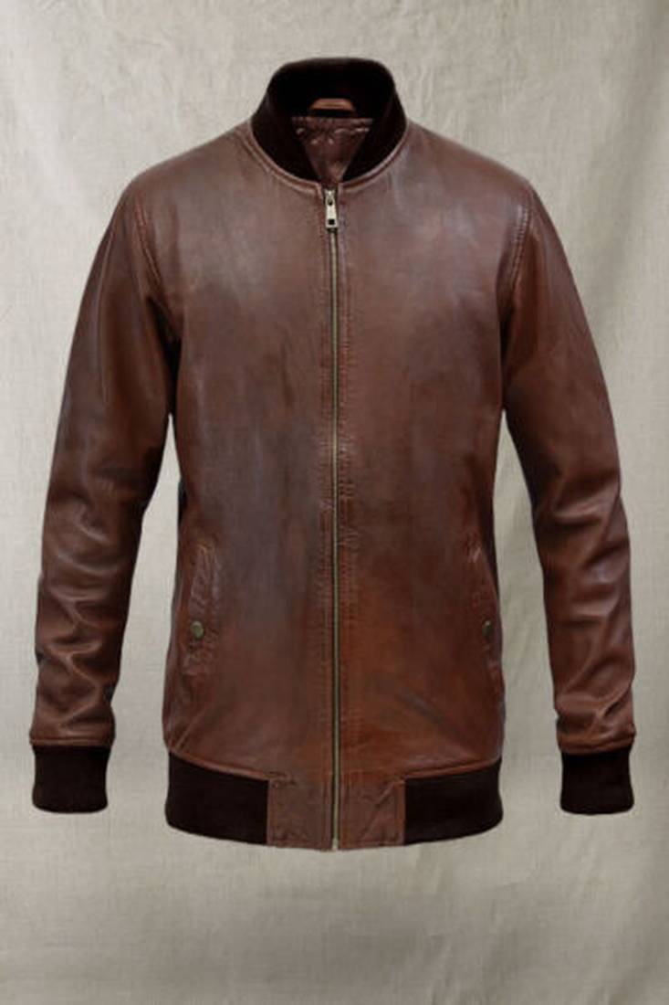 Mens brown genuine lambskin leather jacket zipper biker style round collar rib waist cuffs