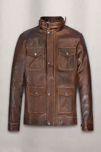 Mens brown genuine lambskin leather jacket 4 pockets rub off  style