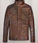 Mens brown genuine lambskin leather jacket 4 pockets rub off  style
