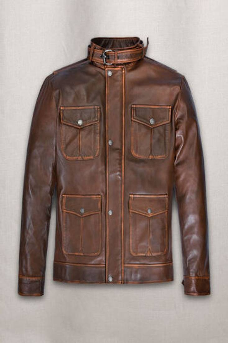 Mens brown genuine lambskin leather jacket 4 pockets rub off  style