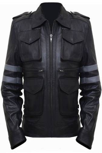 Men's black with gray band genuine lambskin leather biker jacket