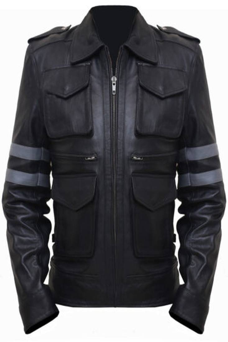 Men's black with gray band genuine lambskin leather biker jacket