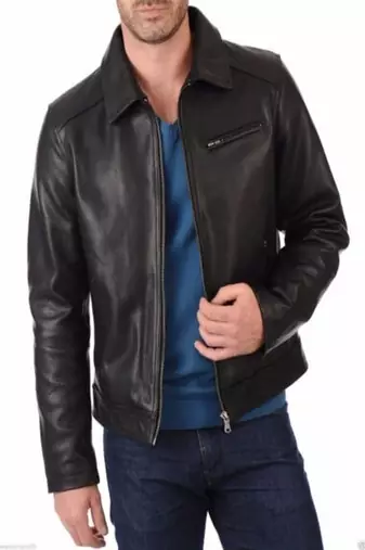Men's black genuine lambskin leather biker style casual jacket