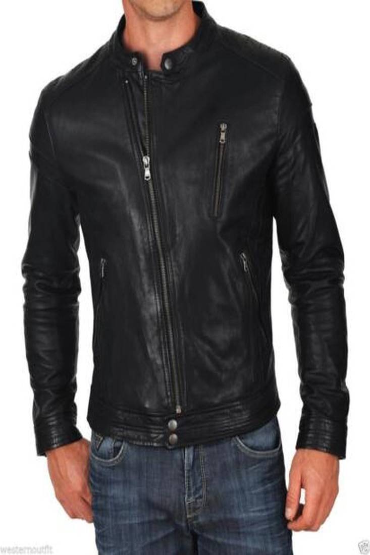 Black genuine lambskin men's leather jacket zipper style biker moto jacket