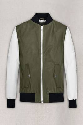 men's olive green lambskin leather bomber jacket ribbed cuffs and 1