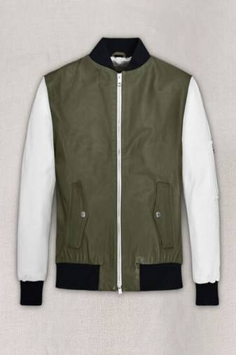 men's olive green lambskin leather bomber jacket ribbed cuffs and