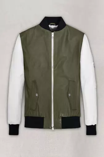 Genuine lambskin leather jacket olive green white bomber rib cuffs collar biker style