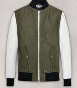Genuine lambskin leather jacket olive green white bomber rib cuffs collar biker style