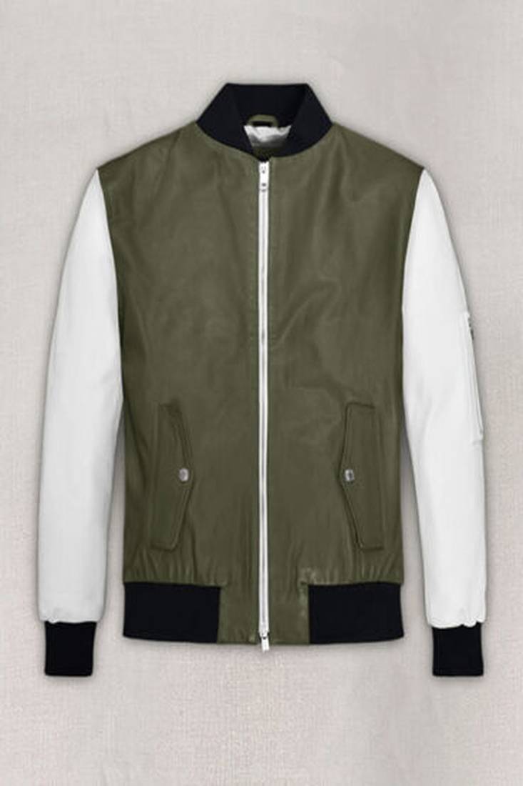 Genuine lambskin leather jacket olive green white bomber rib cuffs collar biker style