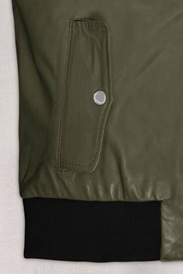 men's olive green lambskin leather bomber jacket ribbed cuffs and 3