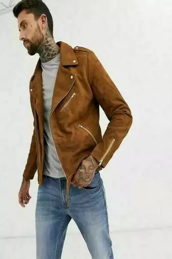 Genuine lambskin suede leather jacket zipper biker look tan color mens jacket