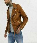 men's tan suede leather biker jacket classic moto zip style
