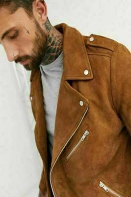 men's tan suede leather biker jacket classic moto zip style 3