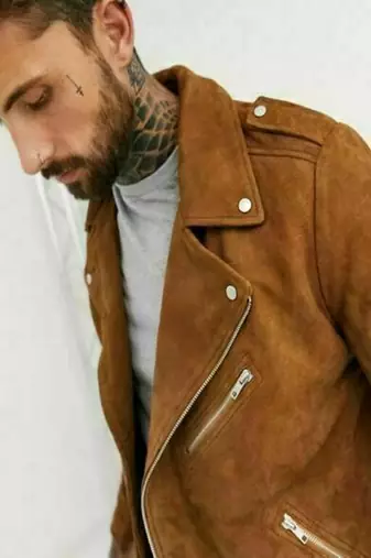 men's tan suede leather biker jacket classic moto zip style