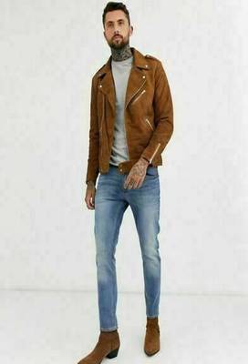 men's tan suede leather biker jacket classic moto zip style 4