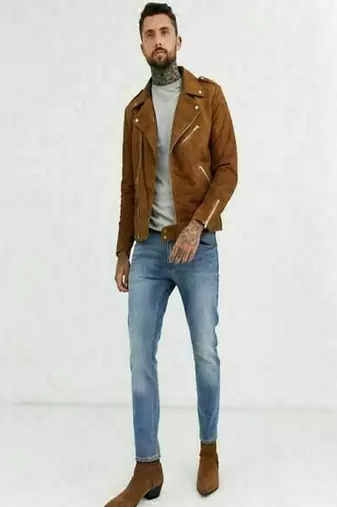 men's tan suede leather biker jacket classic moto zip style